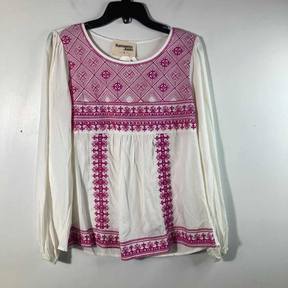 Womens Savanna Jane Hot Pink Embroidered‎ Tunic Top Boho Cream Pink S NWT